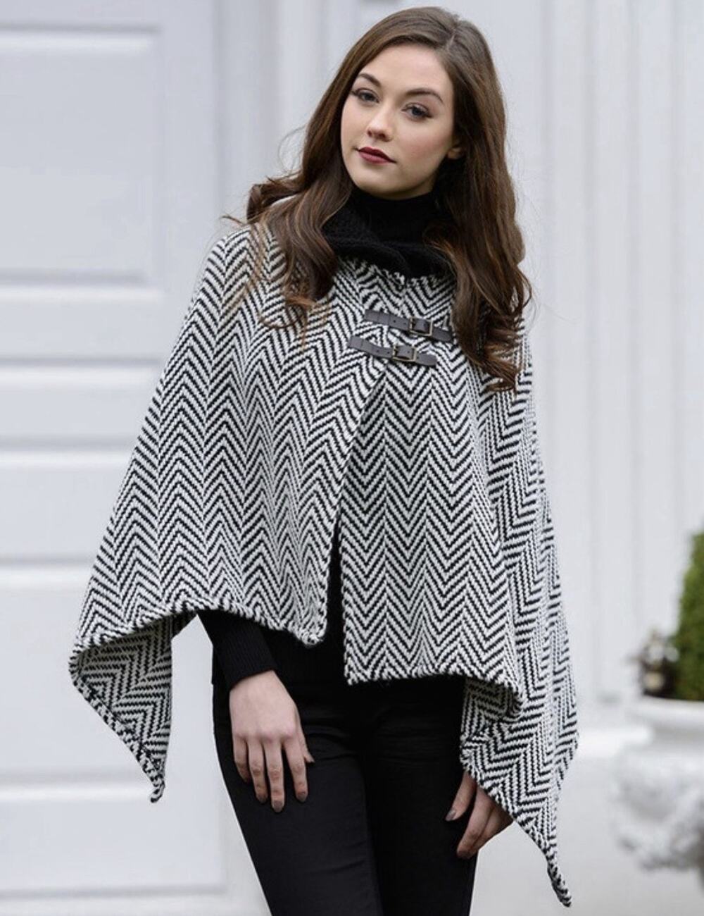 Aran Sweater Market Wool Collared Shawl Poncho w Leather Buckle Detail NWT